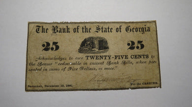 $.25 1861 Savannah Georgia GA Obsolete Currency Bank Note Bill! State of GA Bank