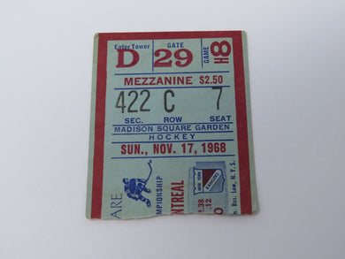 November 17, 1968 New York Rangers Vs. Montreal Canadiens NHL Hockey Ticket Stub