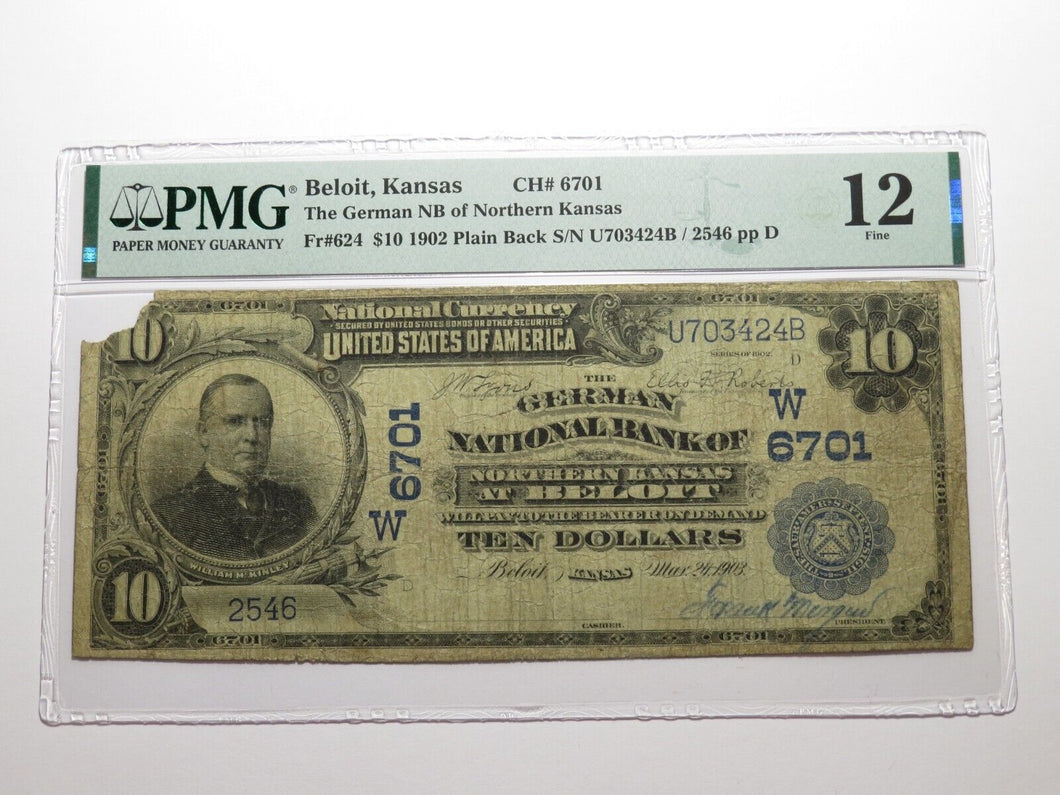 $10 1902 Beloit Kansas KS National Currency Bank Note Bill Charter #6701 F12 PMG