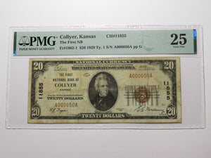 $20 1929 Collyer Kansas KS National Currency Bank Note Bill Ch. #11855 VF25 PMG