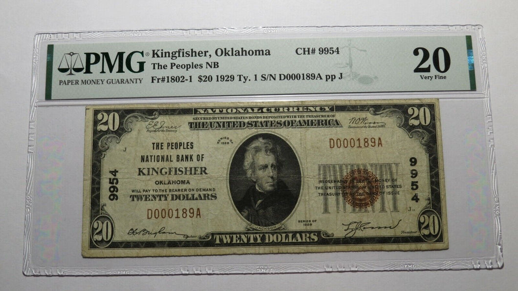 $20 1929 Kingfisher Oklahoma OK National Currency Bank Note Bill #9954 VF20 PMG