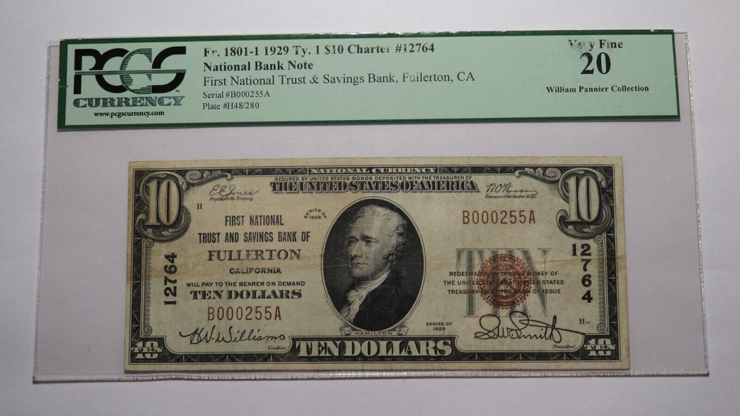 $10 1929 Fullerton California CA National Currency Bank Note Bill #12764 VF PCGS