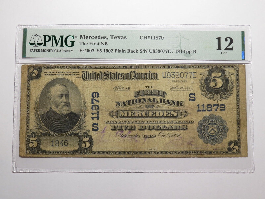 $5 1902 Mercedes Texas TX National Currency Bank Note Bill Ch. #11879 F12 PMG