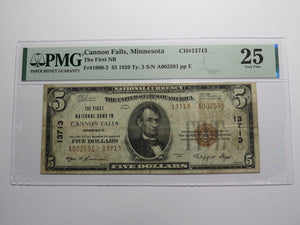 $5 1929 Cannon Falls Minnesota National Currency Bank Note Bill Ch. #13713 VF25