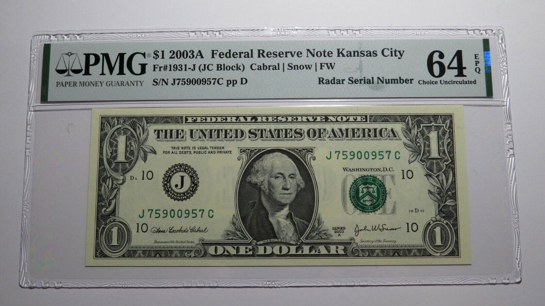 $1 2003 Radar Serial Number Federal Reserve Currency Bank Note Bill PMG UNC64EPQ