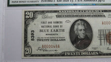 Load image into Gallery viewer, $20 1929 Blue Earth Minnesota MN National Currency Bank Note Bill #5393 AU55 PMG