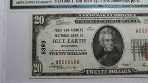 $20 1929 Blue Earth Minnesota MN National Currency Bank Note Bill #5393 AU55 PMG