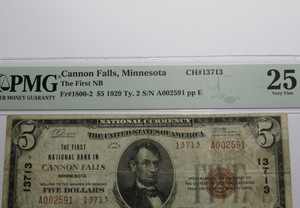 $5 1929 Cannon Falls Minnesota National Currency Bank Note Bill Ch. #13713 VF25