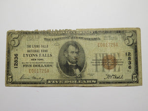 $5 1929 Lyons Falls New York NY National Currency Bank Note Bill Ch. #12836 RARE