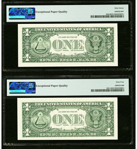 2 $1 2001 & 2003 Matching Radar Serial Numbers Federal Reserve Bank Note Bills