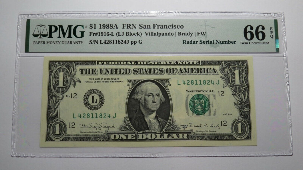 $1 1988 Radar Serial Number Federal Reserve Currency Bank Note Bill PMG UNC66EPQ