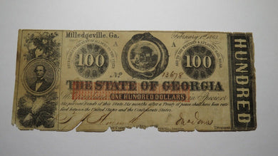 $100 1863 Milledgeville Georgia GA Obsolete Currency Bank Note Bill! State of GA