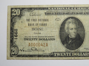 $20 1929 Boise Idaho ID National Currency Bank Note Bill Ch. #1668 Low Serial #