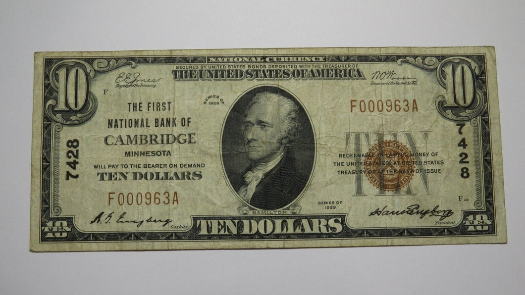 $10 1929 Cambridge Minnesota MN National Currency Bank Note Bill Ch. #7428 FINE