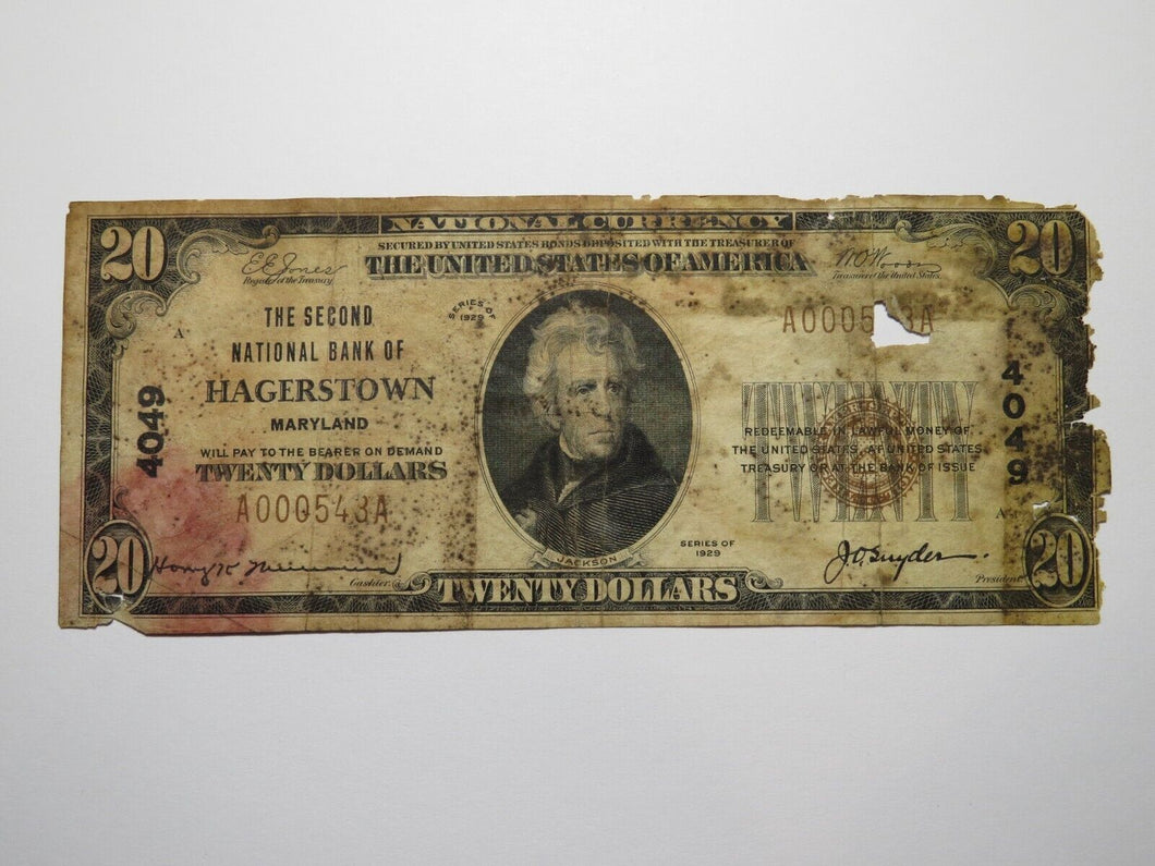 $20 1929 Hagerstown Maryland MD National Currency Bank Note Bill Charter #4049