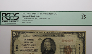 $20 1929 Parnassus Pennsylvania National Currency Bank Note Bill Ch. #7363 PCGS