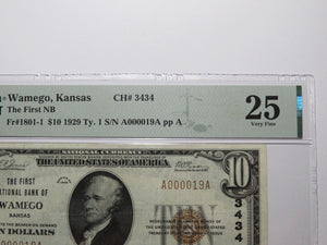 $10 1929 Wamego Kansas KS National Currency Bank Note Bill Ch. #3434 VF25