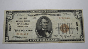 $5 1929 Oakdale Pennsylvania PA National Currency Bank Note Bill Ch. #5327 VF+