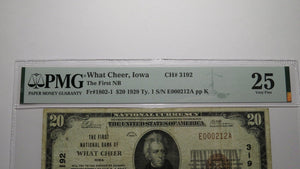 $20 1929 What Cheer Iowa IA National Currency Bank Note Bill Ch. #3192 VF25 PMG