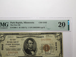 $5 1929 Park Rapids Minnesota MN National Currency Bank Note Bill Ch. #5542 VF20