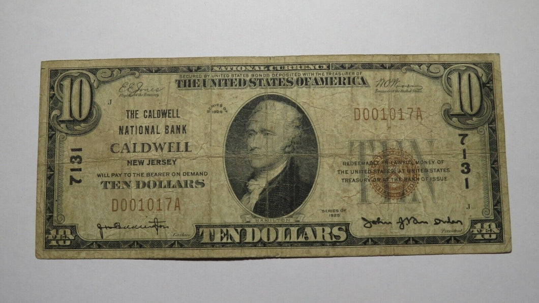 $10 1929 Caldwell New Jersey NJ National Currency Bank Note Bill Ch. #7131 FINE