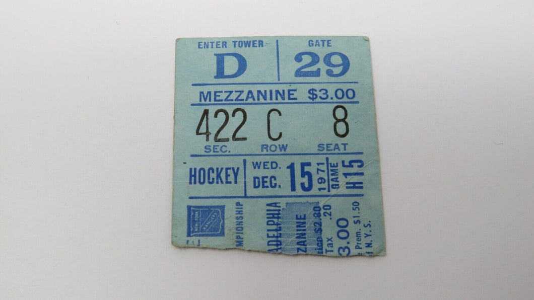 December 15, 1971 New York Rangers Vs Philadelphia Flyers NHL Hockey Ticket Stub