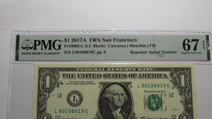 $1 2017 Repeater Serial Number Federal Reserve Currency Bank Note Bill PMG UNC67