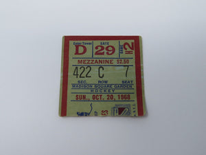 October 20, 1968 New York Rangers Vs. Los Angeles Kings NHL Hockey Ticket Stub