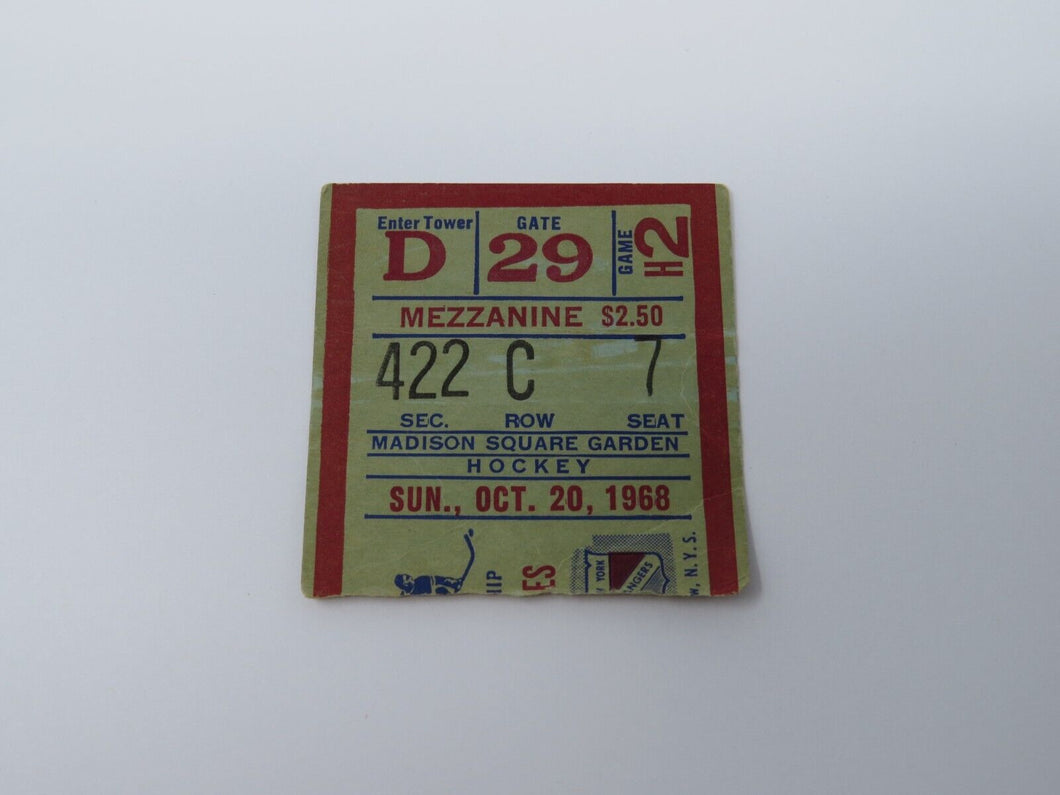 October 20, 1968 New York Rangers Vs. Los Angeles Kings NHL Hockey Ticket Stub