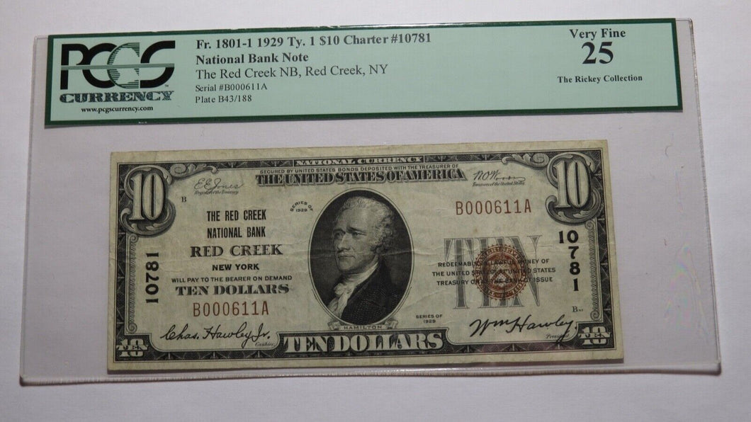 $10 1929 Red Creek New York NY National Currency Bank Note Bill #10781 VF25 PCGS