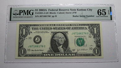 $1 2003 Radar Serial Number Federal Reserve Currency Bank Note Bill PMG UNC65EPQ