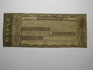 $5 1824 Eastport Maine ME Obsolete Currency Bank Note Bill Passamaquoddy Bank