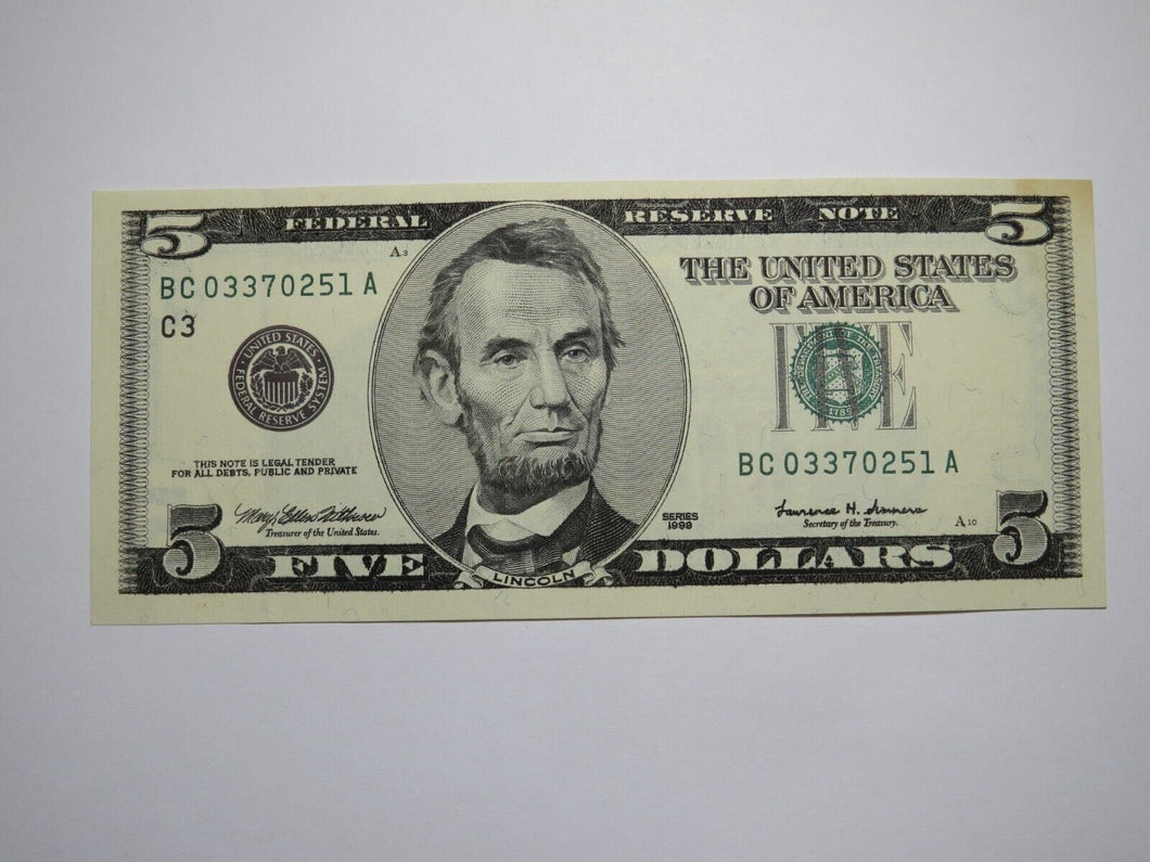 $5 1999 Overinking Error Federal Reserve Bank Note Currency Bill Crisp UNC+++