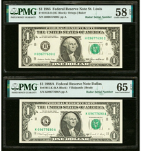 Load image into Gallery viewer, 2 $1 1985 &amp; 1988 Matching Radar Serial Numbers Federal Reserve Bank Note Bills