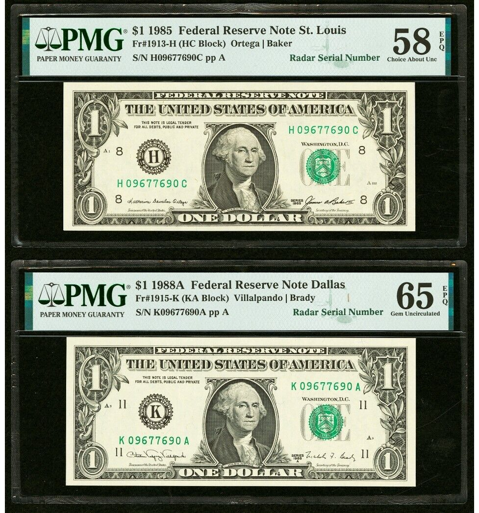 2 $1 1985 & 1988 Matching Radar Serial Numbers Federal Reserve Bank Note Bills