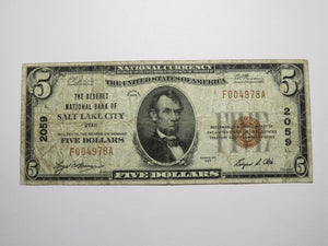 $5 1929 Salt Lake City Utah UT National Currency Bank Note Bill Charter #2059