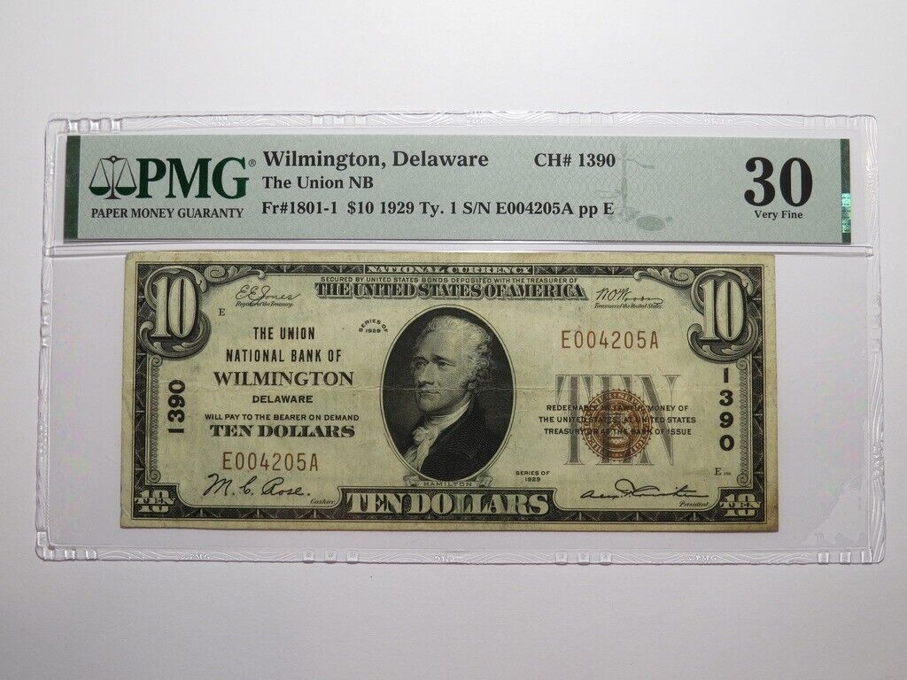 $10 1929 Wilmington Delaware National Currency Bank Note Bill Ch. #1390 VF30 PMG