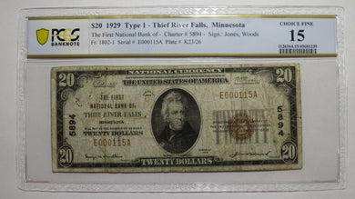 $20 1929 Thief River Falls Minnesota National Currency Bank Note Bill #5894 PCGS