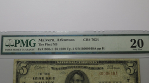 $5 1929 Malvern Arkansas AR National Currency Bank Note Bill Ch. #7634 PMG VF20