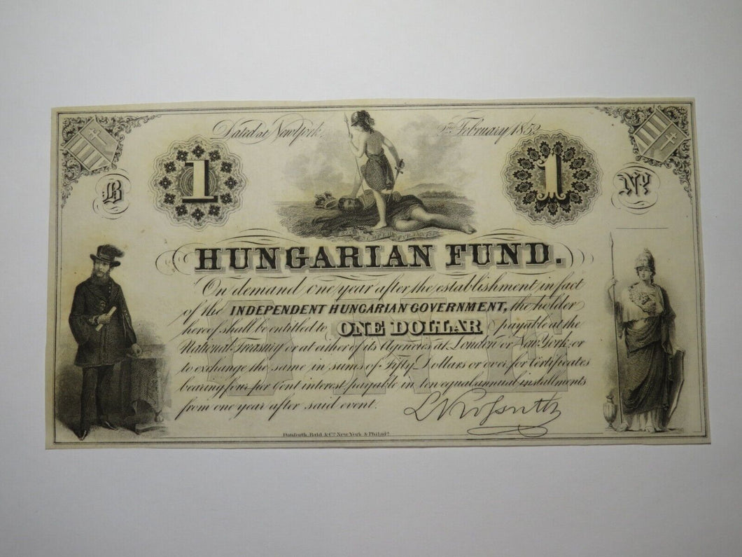 $1 1852 New York NY Obsolete Currency Bank Note Bill! Hungarian Fund CU+++