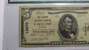 $5 1929 Lakeland Florida FL National Currency Bank Note Bill Ch. #13370 VF20 PMG