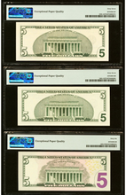 Load image into Gallery viewer, 3 $5 1999-2006-2009 Matching Fancy Serial Numbers Federal Reserve Bank Note Bill