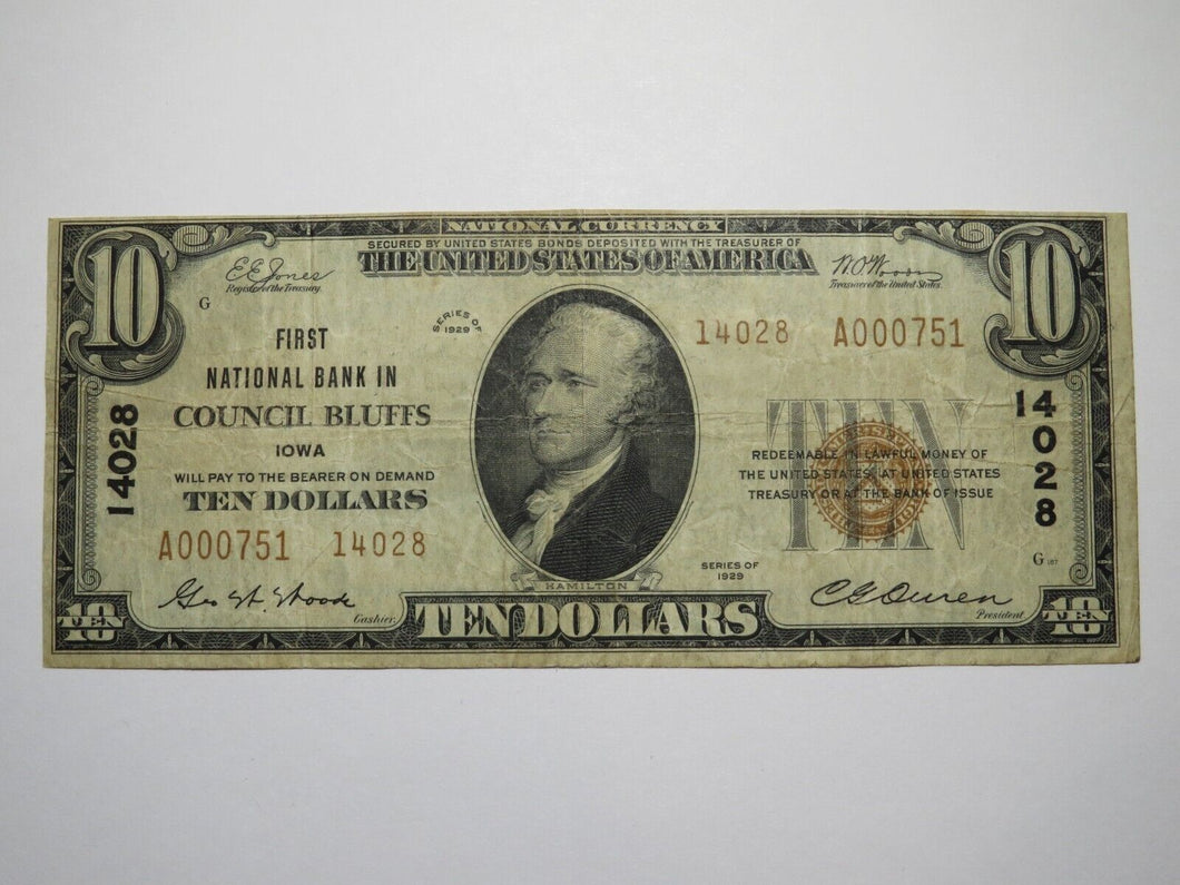 $10 1929 Council Bluffs Iowa National Currency Bank Note Bill Ch. #14028 RARE!!