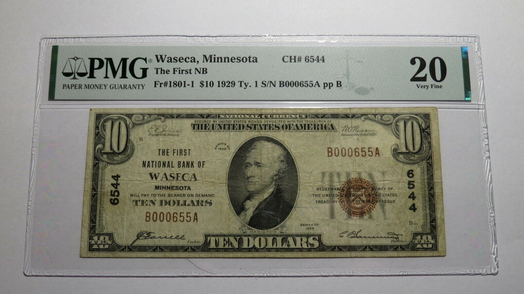 $10 1929 Waseca Minnesota MN National Currency Bank Note Bill Ch. #6544 VF20 PMG