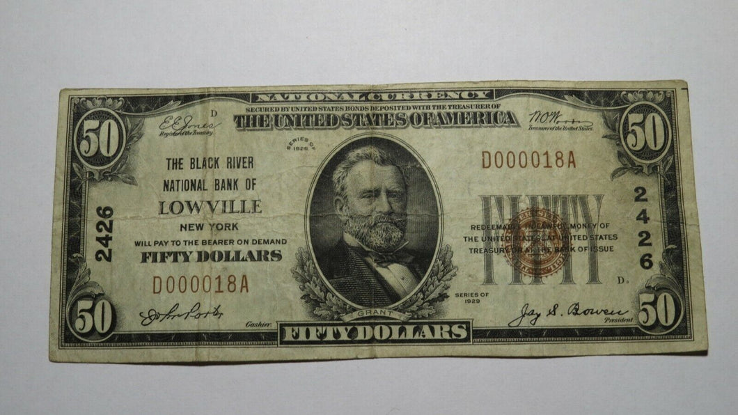 $50 1929 Lowville New York NY National Currency Bank Note Bill #2426 Low Serial