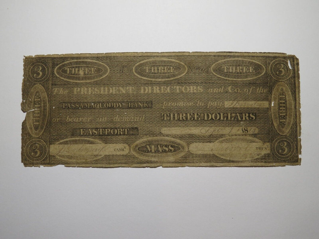 $3 1819 Eastport Maine ME Obsolete Currency Bank Note Bill Passamaquoddy Bank