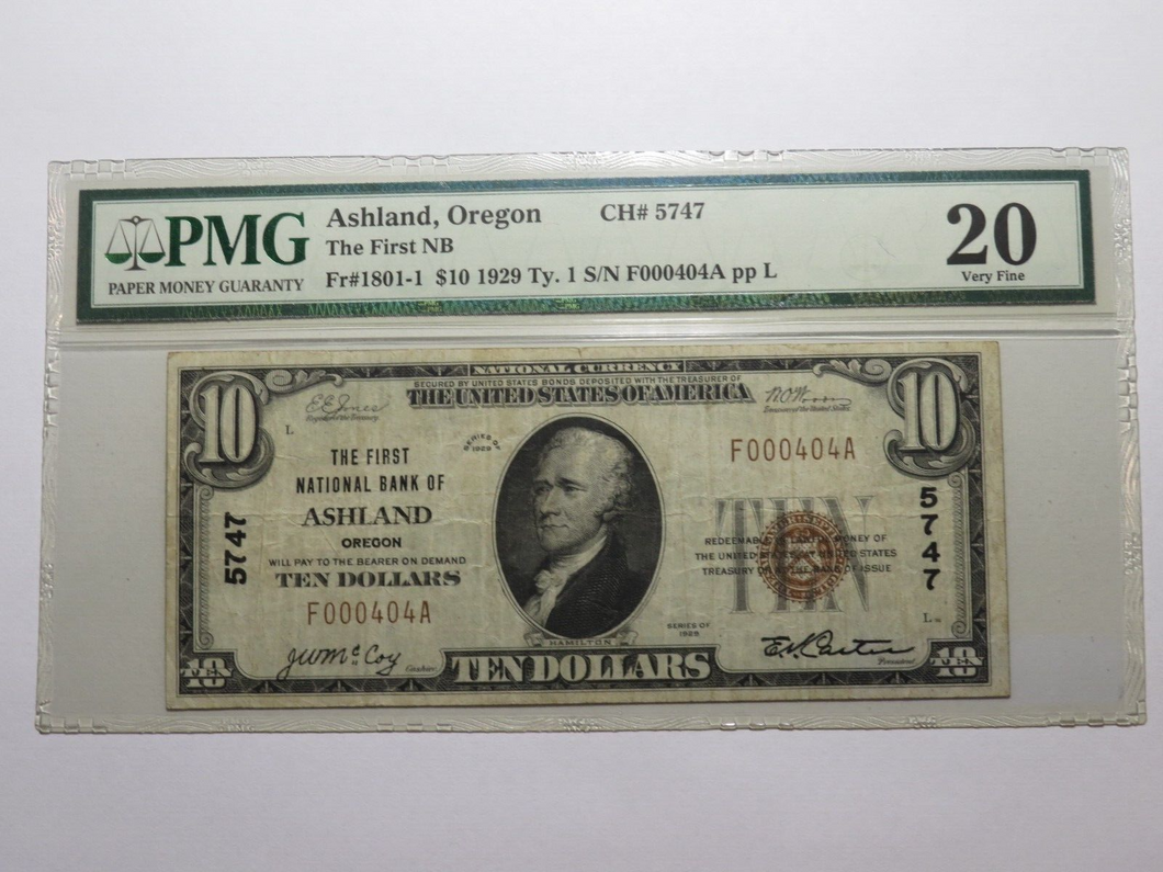 $10 1929 Ashland Oregon OR National Currency Bank Note Bill Ch. #5747 VF20 PMG