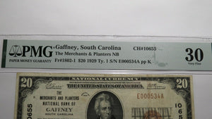 $20 1929 Gaffney South Carolina SC National Currency Bank Note Bill #10655 VF30