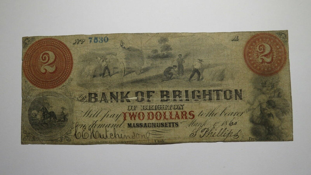 $2 1860 Brighton Massachusetts MA Obsolete Currency Note Bill! Bank of Brighton