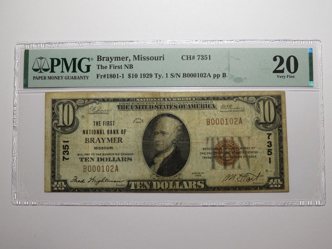 $10 1929 Braymer Missouri MO National Currency Bank Note Bill Charter #7351 VF20